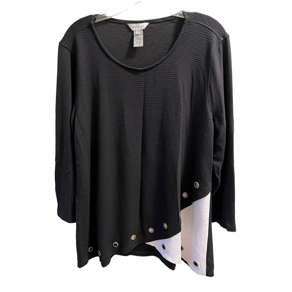 Multiples Women's Long Tunic Top Black White Grommet Detail Size XL Long Sleeve
